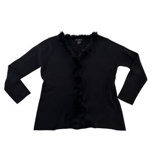 Y2K 2000s Plus Black Knit Sweater with Fur Trim Detail Wmns 1X Romantic Grunge